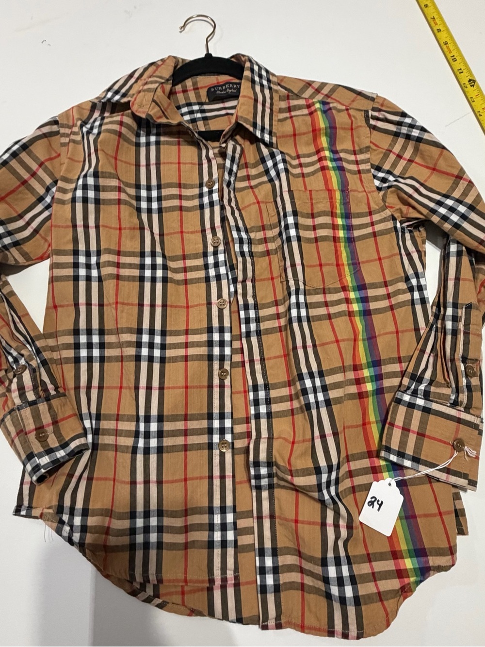 Burberry Tan Plaid Button-Up Shirt with Rainbow Stripe